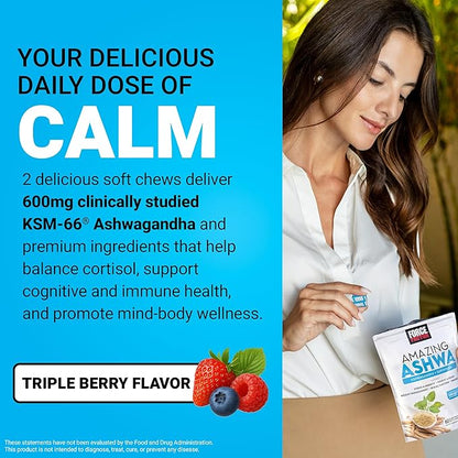 Force Factor Amazing Ashwa for Stress Relief, Memory, Focus, and Immune Support Health, Ashwaganda Supplement with KSM-66 Ashwagandha for Stress, 120 Soft Chews
