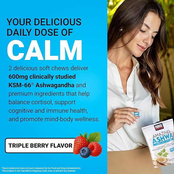 Force Factor Amazing Ashwa for Stress Relief, Memory, Focus, and Immune Support Health, Ashwaganda Supplement with KSM-66 Ashwagandha for Stress, 180 Soft Chews