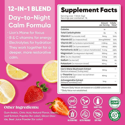Venture Pal Calm Drink Mix, Cortisol Reducer and Sleep Aid with Magnesium Glycinate, Ashwagandha, L-Theanine,Vitamin D, Calm Magnesium Powder for Relax & Focus, No Sugar, Non GMO, Vegan & Gluten-Free