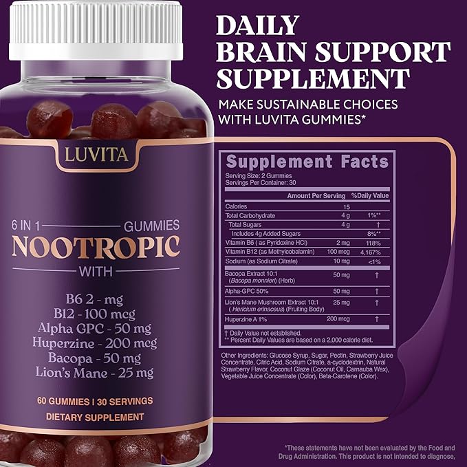 LUVITA Focus Gummies – Brain Support Supplement with Lion’s Mane, Alpha GPC & Bacopa – Boost Memory, Focus & Mental Energy – 60 Gummies (30 Day Supply)
