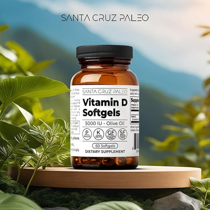 Santa Cruz Paleo Vitamin D3 5000 IU Softgels, Daily Supplement with Olive Oil for Men and Women, Formulated for Absorption, Supports Bone Health, Gluten Free, Sugar Free, Paleo, Keto, 60 Count