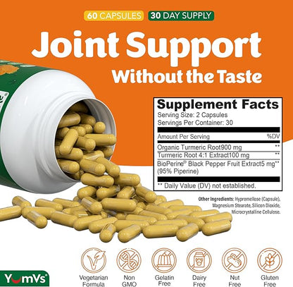 YUM-Vs Turmeric Curcumin Supplement with Black Pepper – Made with 100mg Extract + 900mg Raw Organic Turmeric – Supplement for Joint Health & Mobility – Non-GMO, Gluten Free, Vegetarian (60 Capsules)