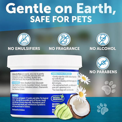 Dog Ear Wipes - 100 ct - Removes Wax and Dirt - Soothing Ear Cleaner Wipes for Dogs, Puppies - 100% Plant Based, Unscented with Coconut Oil - Ear Infection Treatment to Relief Itching & Inflammation