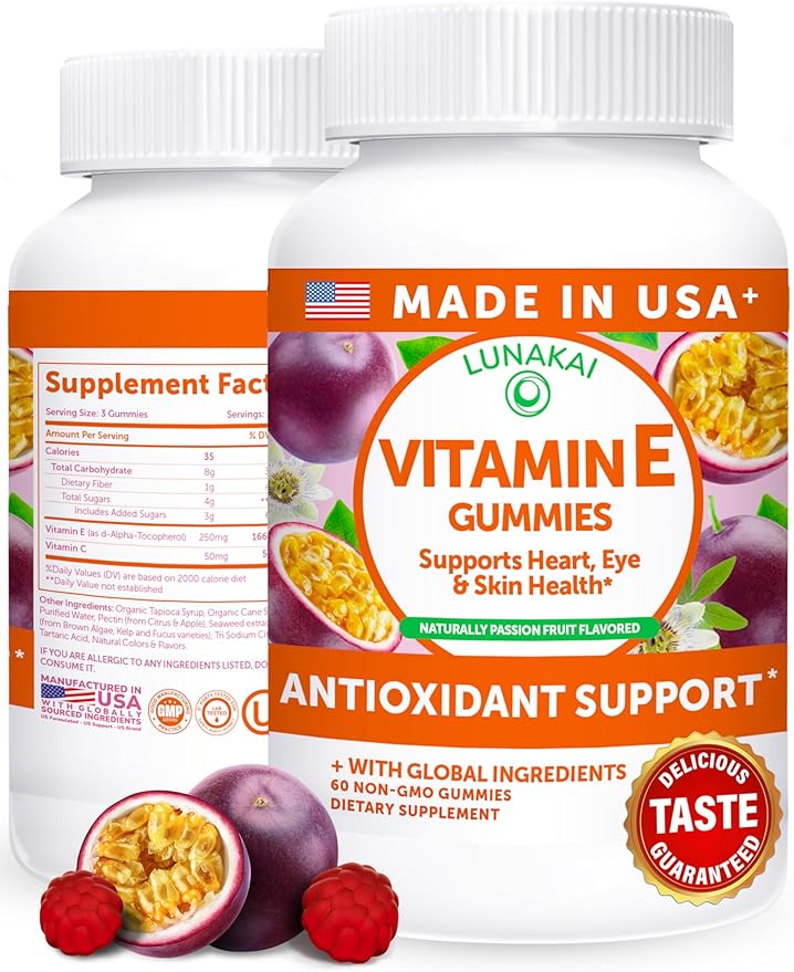 Lunakai USA Made Vitamin E Gummies 400IU with Vitamin C - Delicious, Vegan, Non-GMO Supplement for Daily Skin & Eye Support, 60ct