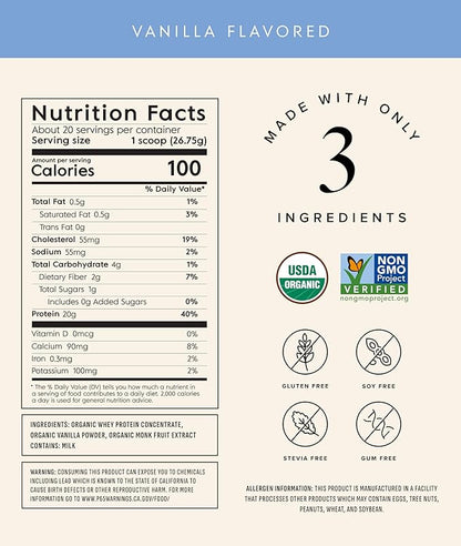 Truvani Organic Whey Protein Powder | Vanilla | 20g Grass Fed Whey Protein | 20 Servings | USDA Organic & Non-GMO | Gluten Free | No Gums, No Soy, No Stevia, No Added Sugars