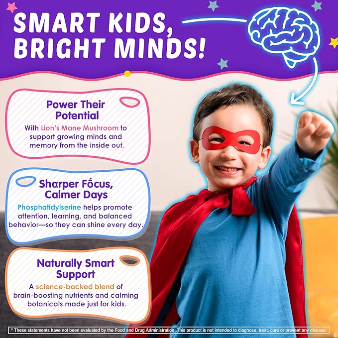 Kids Brain Gummies with Lion's Mane Mushroom, Methyl B6, B9, B12, Supper Greens, Lutein, Brain Booster Supplement for Focus & Attention, Cognitive Function, Vision & Energy, Sugar Free, Vegan 2 Pack