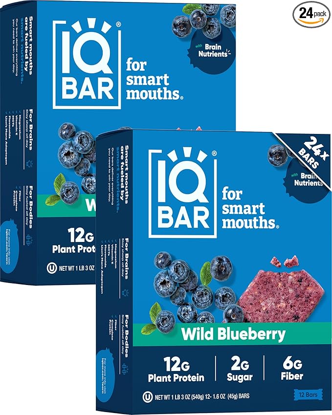 IQBAR Clean Plant Protein Bars - Wild Blueberry - 24 Count - Keto, Vegan, High Fiber, Gluten and Dairy Free, Low Sugar Snack - Brain and Body Nutrients for Focus, Energy, Meal Replacement