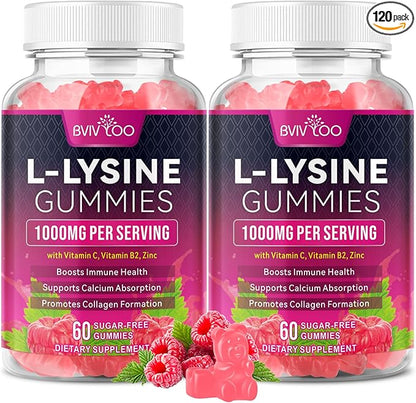 L-Lysine 1000mg Gummies for Immune Support & Skin Health - High Potency Vegan, Sugar-Free, Gluten-Free Supplement with Natural Raspberry Flavor for Adults & Kids - 120 Gummies