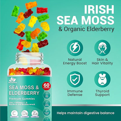 BIO VITALICA Irish Sea Moss Gummies with Elderberry – USA Made Vegan Gummies with Vitamin C, D & Zinc – Immune Support Supplement with Bladderwrack & Burdock Root for Adults & Kids – 60 Count