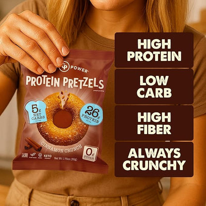 CRISP POWER Protein Pretzels, NEW Cinnamon Crunch, 26G Protein, High Protein Snack, High Fiber, Low Carb Crunchy Pretzel Snacks, No Added Sugar, 1.75 oz Bags, 6 Pack, Vegan, Keto