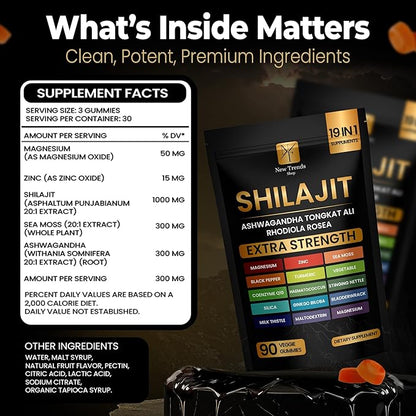 Shilajit Gummies 19 in 1 with Sea Moss, Ashwagandha, Tongkat Ali - Shilajit Pure Himalayan Organic Fulvic Acid Gummies- 90 Count