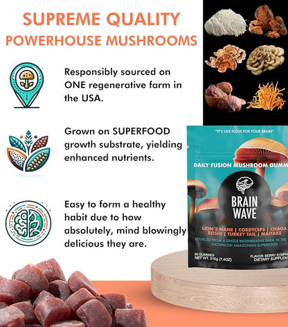 Superfood Mushroom Gummies | Delicious Daily Multi Lions Mane Mushroom Gummy Supplement 2,008 mg | Reishi Mushroom + Cordyceps + Turkey Tail + Chaga + Maitake | Mushroom Gummies for Focus and Energy
