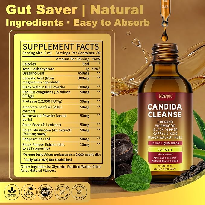 Candida Cleanse & Parasite Cleanse Detox | Black Pepper-Boosted Triple-Targeting Formula with Caprylic Acid, Oregano, Black Walnut | Gut Health, Immune Support 2 Fl Oz (Pack of 2)