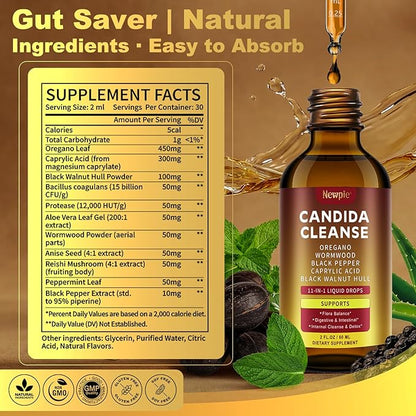 Candida Cleanse & Parasite Cleanse Detox | Black Pepper-Boosted Triple-Targeting Formula with Caprylic Acid, Oregano, Black Walnut | Gut Health, Immune Support (2 Fl Oz)