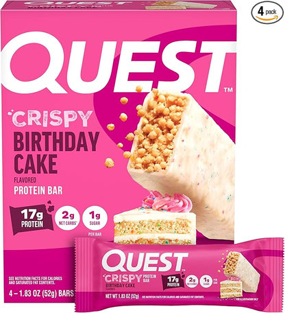Quest Nutrition Crispy Birthday Cake Protein Bar, 17g Protein, 1g Sugar, 2g Net Carbs, Gluten Free Protein Snack, Keto Friendly, 4 Count