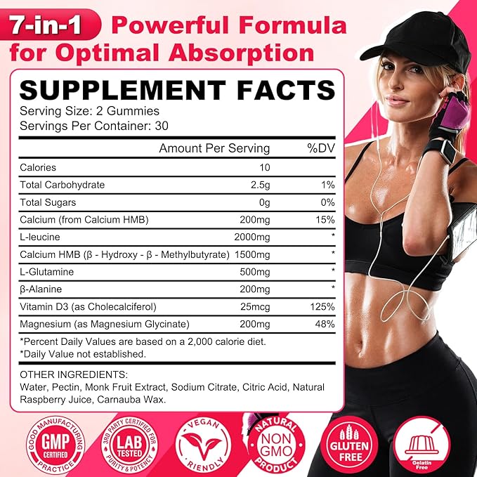 HMB and Leucine Gummies, HMB & Leucine Amino Acid for Muscle Growth, Muscle Relief, HMB Supplements for Men & Women, Vegan, Non-GMO, Raspberry Flavor, 60 Count