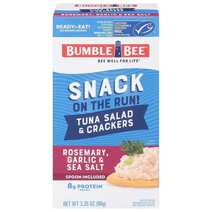 Bumble Bee Snack On The Run! Protein Snack Pack - 8g Protein per Box - Rosemary, Garlic, Sea Salt Tuna Salad with Crackers Kit - Ready to Eat Easy-Open Can - Wild Caught MSC-Certified Tuna (Pack of 1)