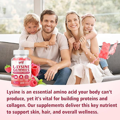 L-Lysine 1000mg Gummies for Immune Support & Skin Health - Vegan, Gluten Free Amino Acid Supplement for Adults, Raspberry Flavor, 120 Gummies