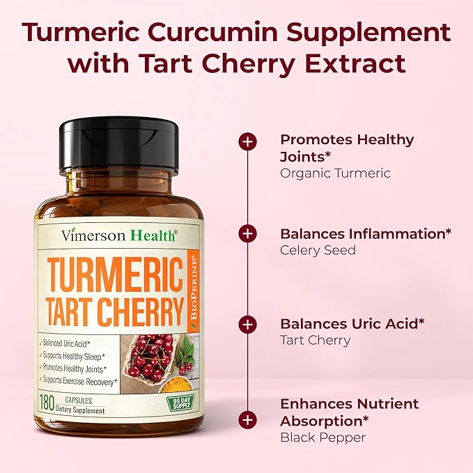 Turmeric Curcumin Supplement with 10:1 Tart Cherry Extract & Celery Seed Extract – Natural Uric Acid Balance, Joint Health & Sleep Aid – Turmeric Curcumin with Black Pepper – 180 Tart Cherry Capsules