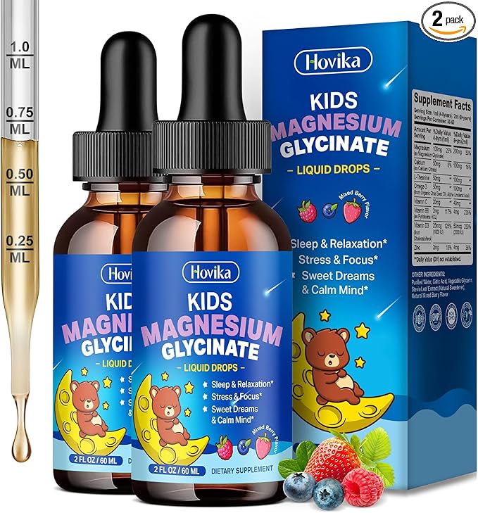 2 Pack Magnesium Glycinate Liquid for Kids - Magnesium Glycinate Drops with L-Theanine Omega-3, Vitamin B6, D3, Zinc - Support Sleep, Relaxation, Calm & Focus - Mixed Berry Flavor