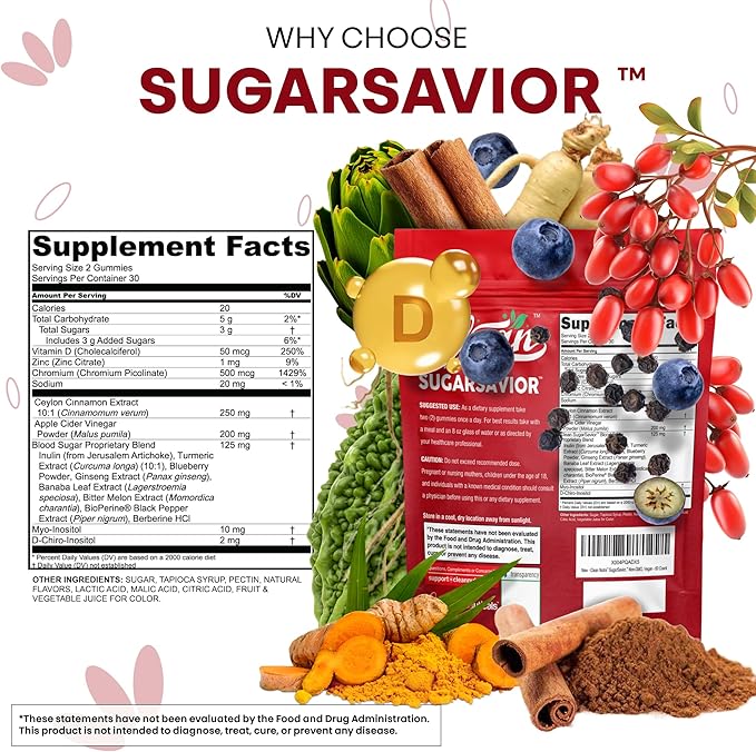 Sugar Savior Ceylon Cinnamon Berberine Gummies Apple Cider Vinegar Artichoke Turmeric Blueberry Ginseng Banaba Bitter Melon Black Pepper Vitamin D Zinc GLP1 Gummies 60 Count by Clean Nutra