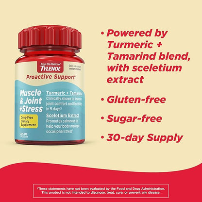 Tylenol Proactive Support* Muscle & Joint Supplements + Stress, Drug Free, Tamarind + Turmeric Supplement and Sceletium Extract to Improve Joint Comfort & Flexibility 30 ct