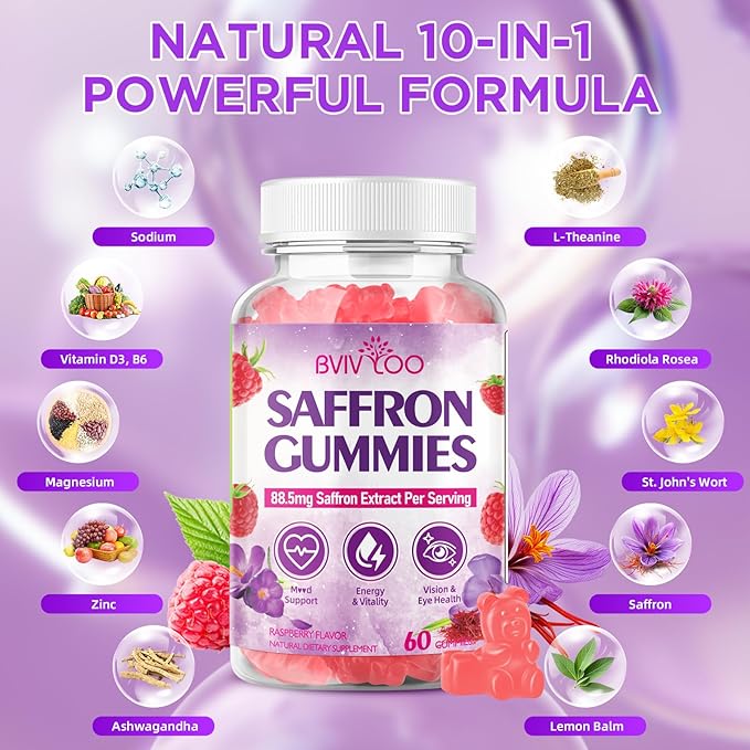Saffron Gummies for Adult Kids, 10-IN-1 Formula with Saffron 88.5mg, Vitamins D3 & B6, Magnesium, Zinc, Ashwagandha, L-Theanine, St. John's Wort - Supports Mood & Focus, Raspberry Flavor, 60 Count
