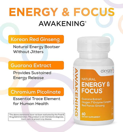 Awakening Natural Energy & Focus Supplement with Panax Ginseng, Guarana Extract & Chromium Picolinate | Brain Supplement for Focus, Energy, Mood & Clarity | Gluten Free Veggie, USA - 60 Caps