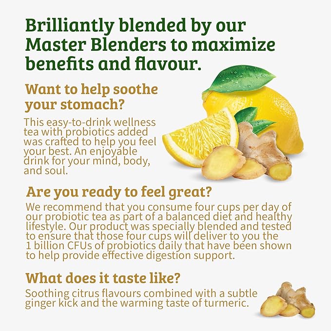 Twinings Lemon & Ginger with Probiotics Flavoured Herbal Tea, Supports Healthy Digestion, Naturally Caffeine-Free, 18 Tea Bags (Pack of 6), Enjoy Hot or Iced, 108 Teabags