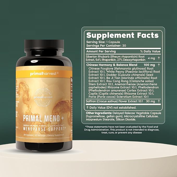 Primal Harvest Meno+ Menopause Support with Saffron & Chinese Herbs Support Mood, Menopausal Symptom Relief, & General Well-Being (2 Pack)