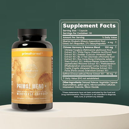 Primal Harvest Meno+ Menopause Support with Saffron & Chinese Herbs Support Mood, Menopausal Symptom Relief, & General Well-Being (1 Pack)
