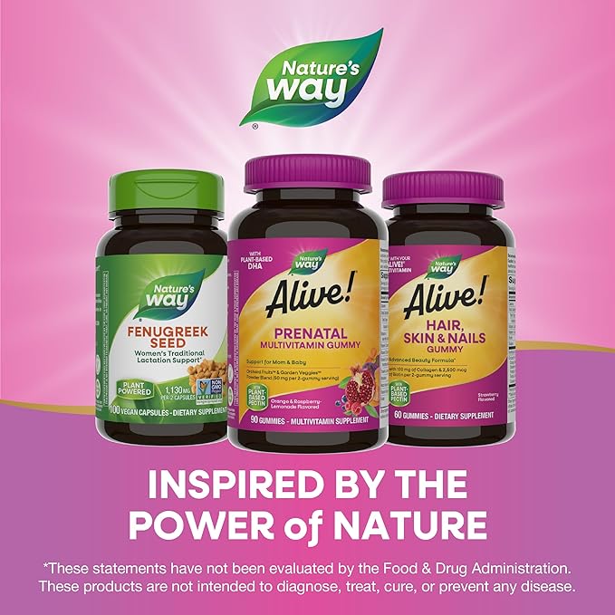 Nature’s Way Alive! Gummy Prenatal Vitamins, Prenatal Multivitamin Supplement with Plant-Based DHA for Brain & Eye Development*, Vegetarian Orange Raspberry Lemonade Flavored, 90 Gummies