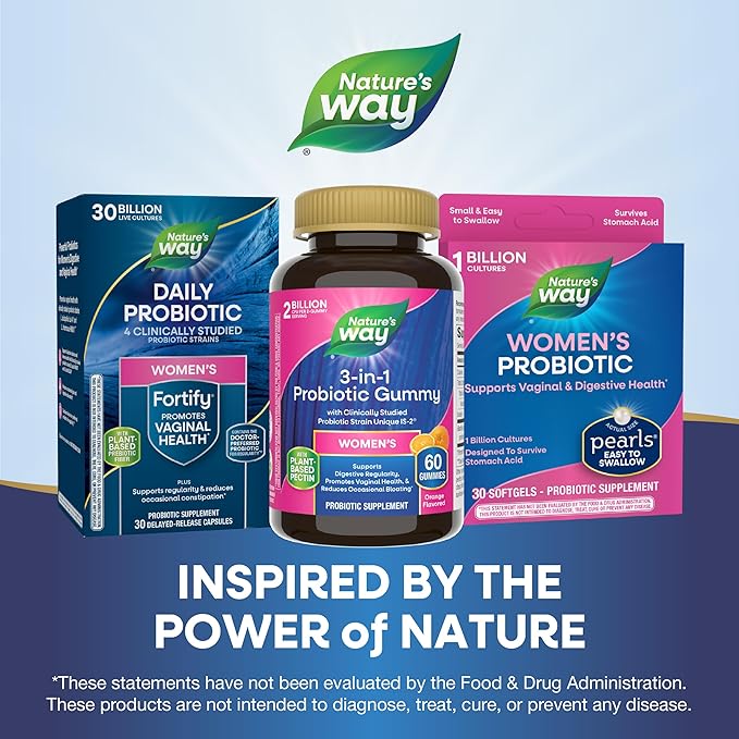Nature’s Way 3-in-1 Women’s Probiotic Gummies, Reduces Occasional Bloating*, Supports Digestive & Vaginal Health*, Clinically Studied Probiotic Strain, Gluten Free, Orange Flavored, 60 Gummies