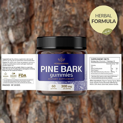 HERBAMAMA Pine Bark Extract Gummies - 300mg French Maritime Pine Bark Tree for Antioxidant Support - Vegan, Non-GMO Pinus Pinaster Supplement - 60 Pectin-Based Blueberry-Flavored Chews