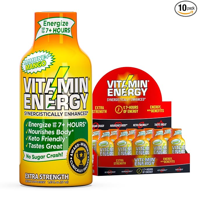 Vitamin Energy Immune+ Extra Strength Energy Shot Mango 10 Pack, 260mg Natural Caffeine, B-Vitamins, Citicoline, Green Tea, Immunity & Focus Support, Zero Sugar, Gluten-Free 1.93 fl oz