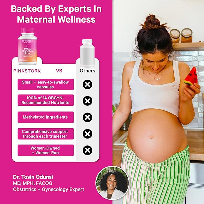 Pink Stork Total Prenatal Vitamins with DHA, Folate, and Iron, 3 Month Supply to Help Support Fetal Development, Pregnancy Must Haves - 180 Capsules
