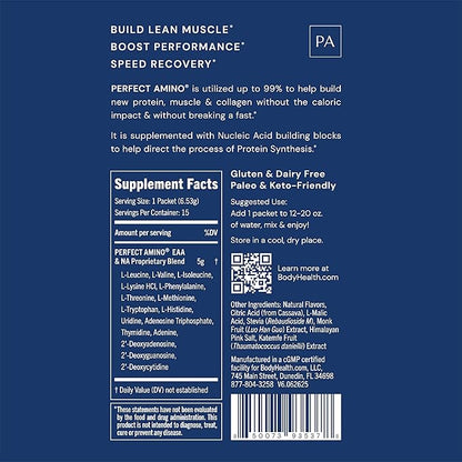 BodyHealth PerfectAmino Powder - BCAA and EAA Powder for Pre and Post Workout - Amino Acid Energy Drink for Men and Women to Support Lean Muscle and Recovery - Strawberry - Stick Packs - 15 Servings