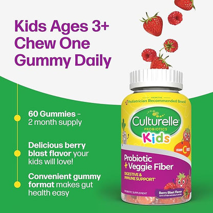 Culturelle Daily Probiotic For Kids + Veggie Fiber Gummies (Ages 3+) - 60 Count - Digestive Health & Immune Support – Berry Flavor with a Vitamin C Boost