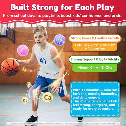 Kids Multivitamin Gummies + Iron, Omega 3, Probiotic, Fiber, Vitamins A C D3 E, K2, Methylfolate, Calcium, Choline, Kids Vitamins Multivitamin for Growth, Immune, Bone, Brain, Focus, No Sugar, 60 Cts