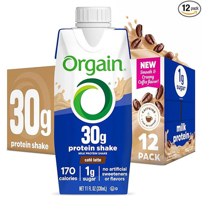 Orgain 30g High Protein Shake, Café Latte, 5g BCAAs, 1g Sugar Per Serving, Caffeine from 1 Cup of Coffee, Milk Isolate, Meal Replacement, Ready to Drink, Keto Friendly, Gluten-Free 11 Fl Oz (12 Pack)