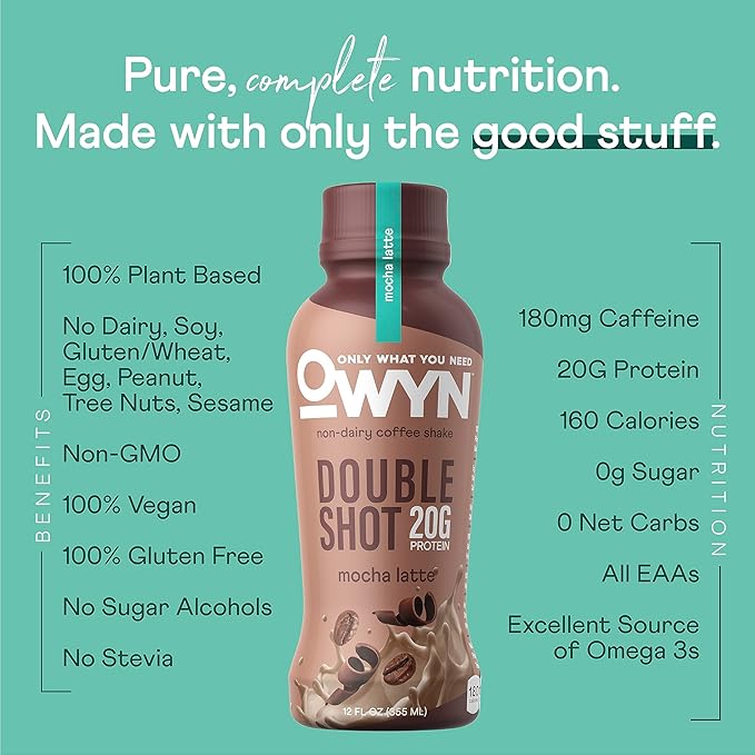 OWYN Only What You Need Double Shot Mocha Latte Flavored Protein Shake, 20g Protein, 0g Sugar, 3g Fiber, 180mg Caffeine, Dairy Free, Plant Based Protein Drink, 12 Count
