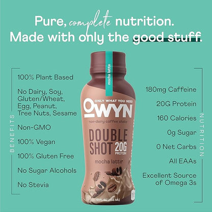 OWYN Only What You Need Double Shot Mocha Latte Flavored Protein Shake, 20g Protein, 0g Sugar, 3g Fiber, 180mg Caffeine, Dairy Free, Plant Based Protein Drink, 12 Count