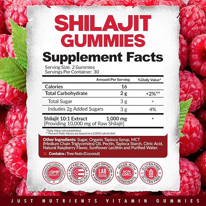 Shilajit 1000mg Gummies for Men & Women - Maximum Strength Pure Himalayan Shilajit, Gluten-Free, Non-GMO, 100% Vegetarian - Natural Raspberry Flavor - 60 Count