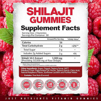 Shilajit 1000mg Gummies for Men & Women - Maximum Strength Pure Himalayan Shilajit, Gluten-Free, Non-GMO, 100% Vegetarian - Natural Raspberry Flavor - 60 Count