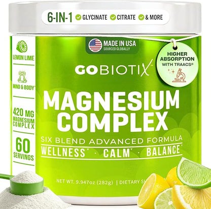 GoBiotix Magnesium Glycinate Powder – Cortisol Supplements for Women and Men – High Absorption Magnesium Complex Calm Supplement with Citrate, Malate – Sugar Free – 420 mg, 60 Servings - Lemon Lime