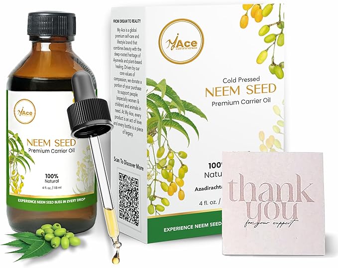 My Ace Neem Seed Carrier Oil | 100% Pure & Natural Cold Pressed Unrefined Neem Oil for Hair Growth, Skin & Face Care, Scalp Treatment, Body Massage & Aromatherapy – 4 fl oz