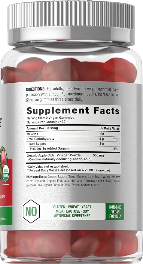 Horbäach Organic Apple Cider Vinegar Gummies | 60 Gummies | Vegan, Non-GMO & Gluten-Free Supplement | USDA Organic ACV | Apple Flavor