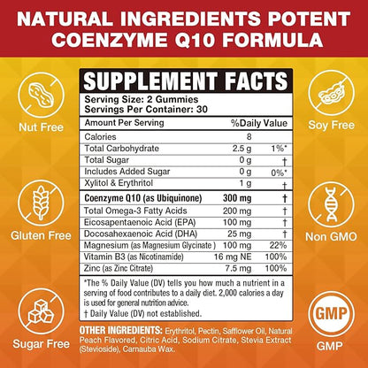 2 Pack CoQ10 Gummies 3000 mg - Plus Omega-3, Vitamin B3 & Zinc, High Absorption Coenzyme Q10 Supplements for Cellular Energy & Antioxidant Support, Vegan 120 Count