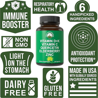 Peak Performance Immune Support Supplement - 6 Top Ingredients Vitamin D3 K2, Vitamin C, Elderberry, Zinc, Quercetin - Includes 5000 IU Vitamin D - Immunity Capsules - Supplements for Women and Men