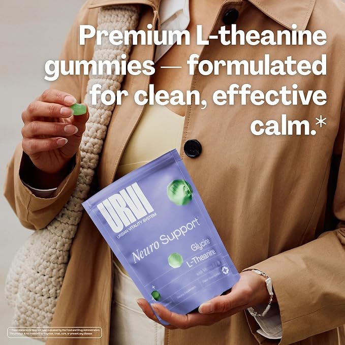 URVI® Neuro Gummies – 500mg Glycine, 150mg L-Theanine (high Potency), Vitamins B1 & B6 for Rest & Sleep, Relaxation, Calm Focus, Stress Relief – Caffeine- & Sugar-Free– Green Tea & Apple – 60 Count
